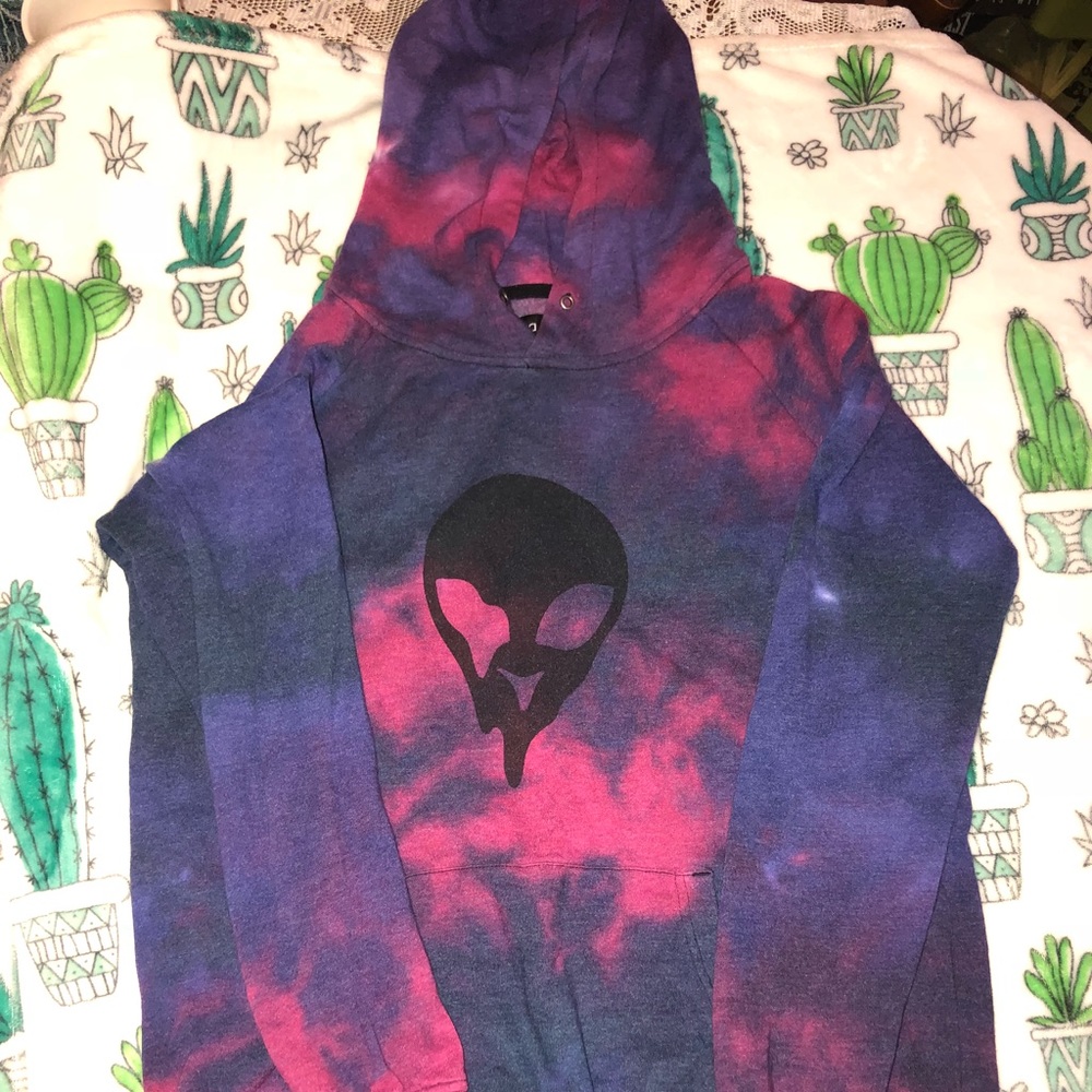 Purple, pink, and red tie dye alien hoodie